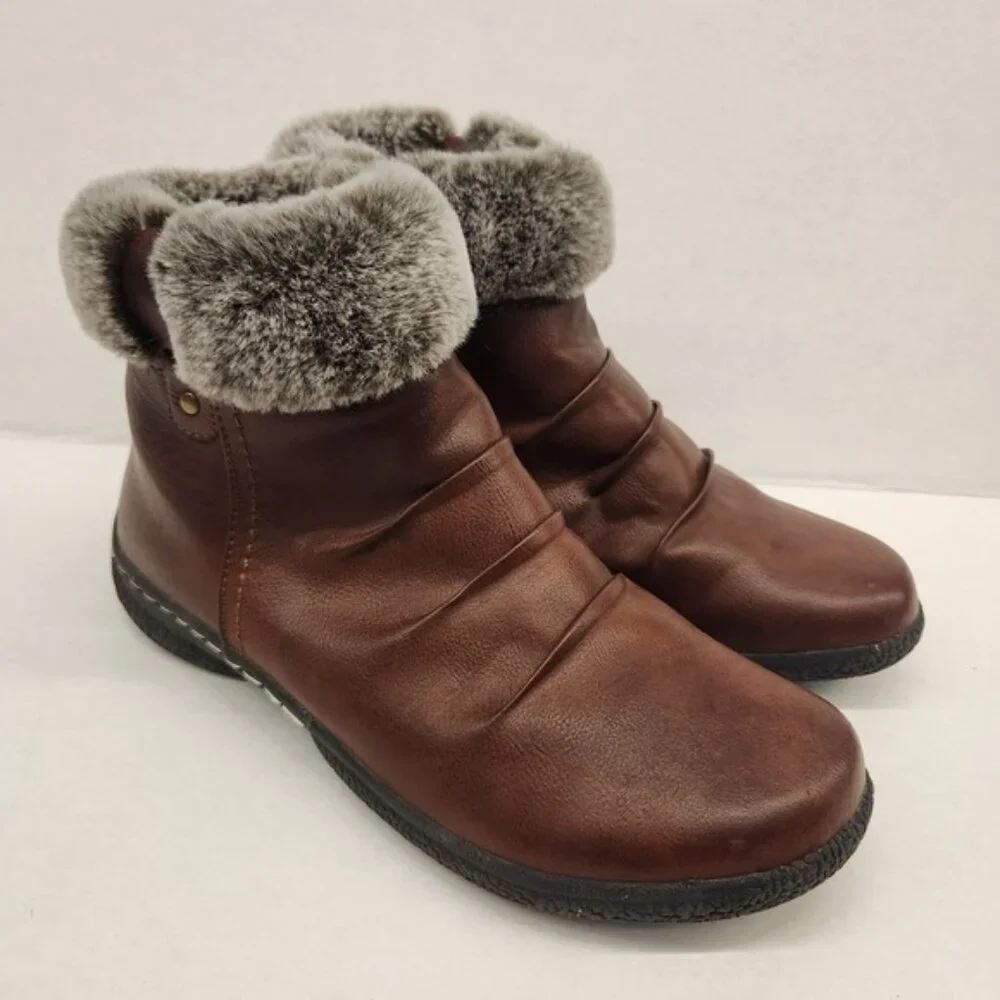Westwind Brown Faux Fur Collar Ankle Boots‎ Women's Size 8M Winter Casual Shoes